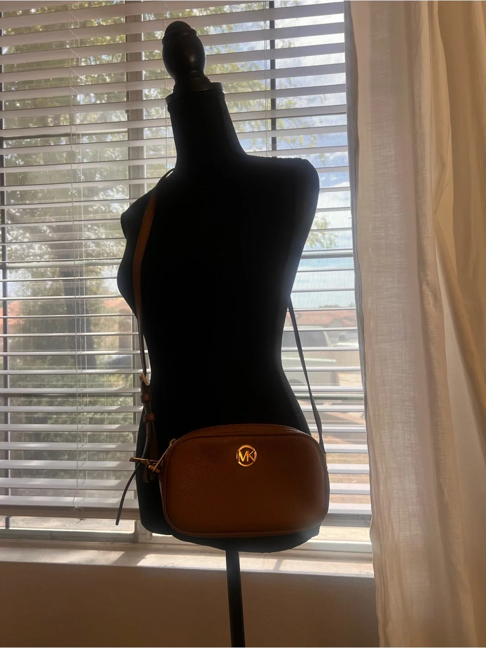 Michael Kors Chestnut Pebbled Leather Crossbody with Gold MK Logo